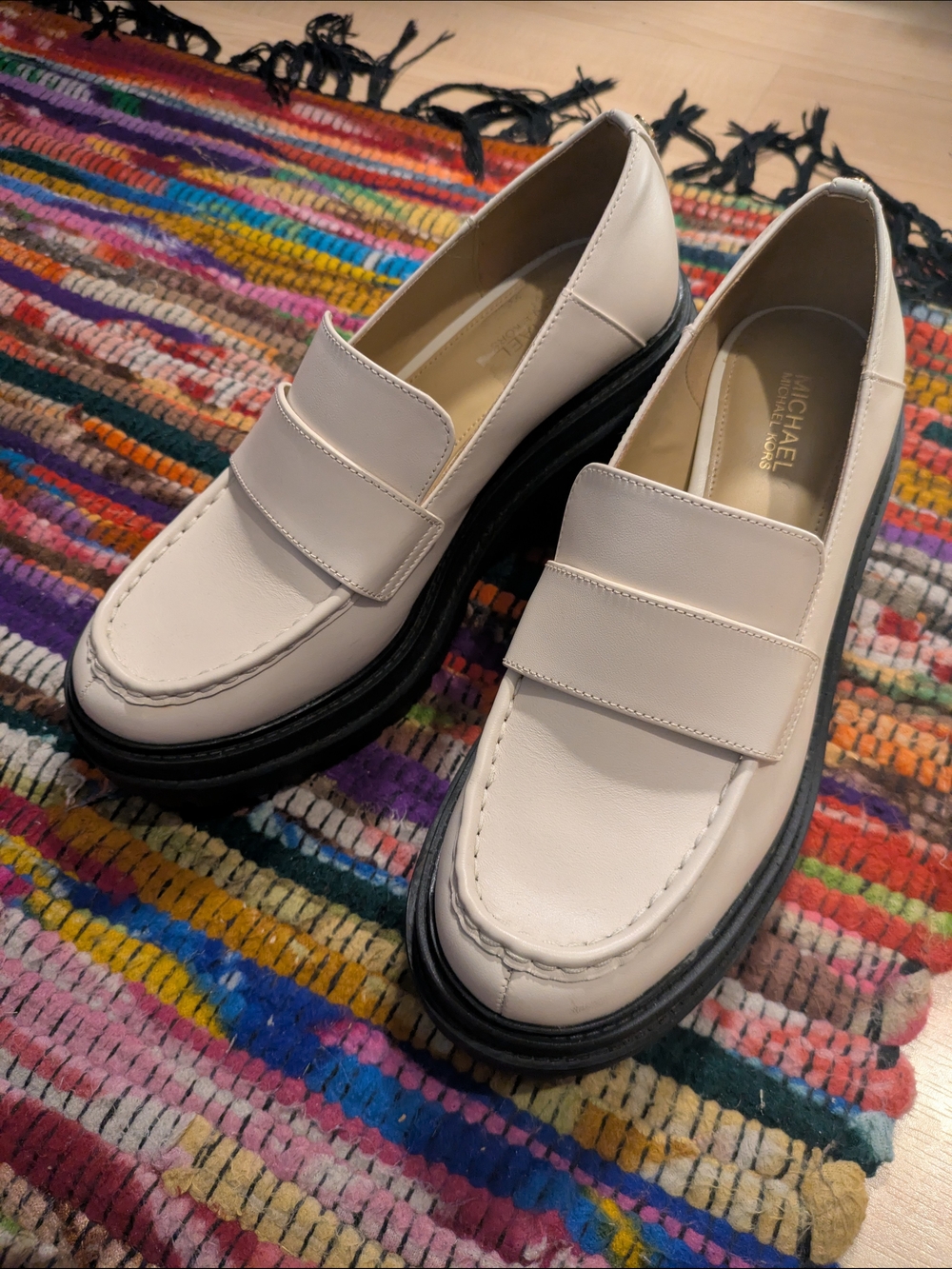 Michael Kors Cream Leather Platform Loafers with Black Sole
